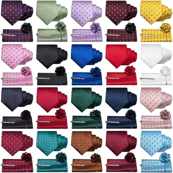 🆕Men Purple Plaid Checkered Necktie and Pocket with Tie Clip Lapel Pin Set Ties - Picture 4 of 4